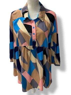 Umgee Abstract Geometric Babydoll Blouse - Size Small - EUC - 100% Rayon